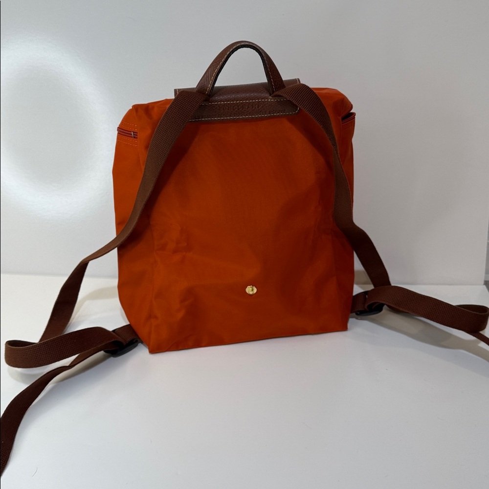 Longchamp Le Pliage Backpack in Pumpkin with Brown Leather. Packable. New. - Picture 4 of 10